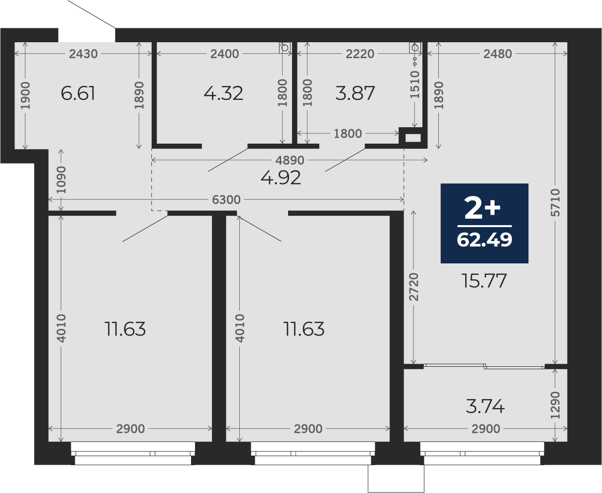Квартира № 1, 2-комнатная, 62.49 кв. м, 1 этаж