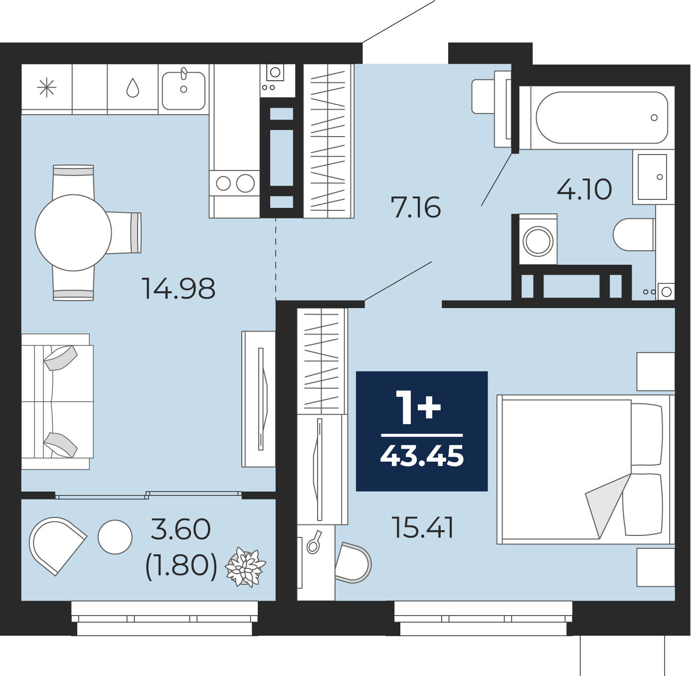 Планировка: Евродвушка 45.2 м² в ЖК Прео, Тюменская слобода