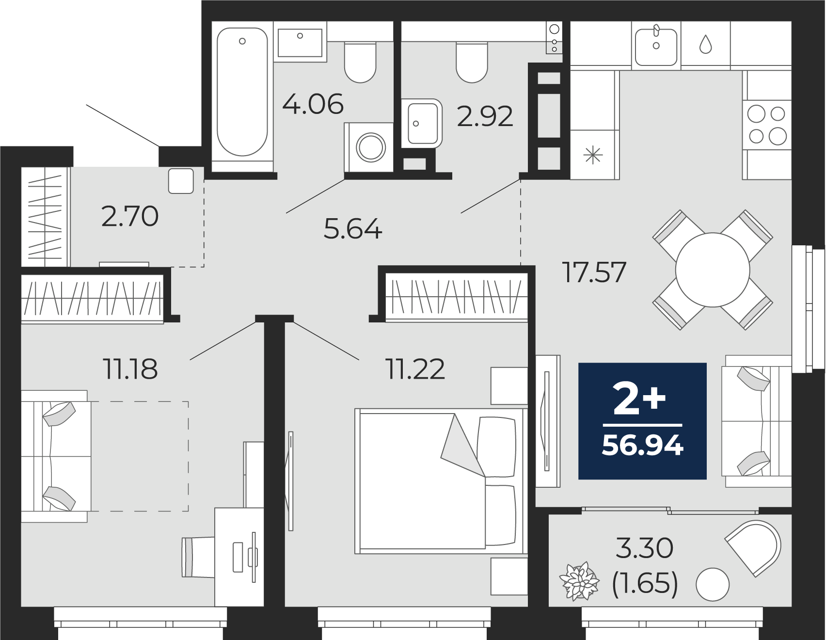 Квартира № 2, 2-комнатная, 56.94 кв. м, 2 этаж