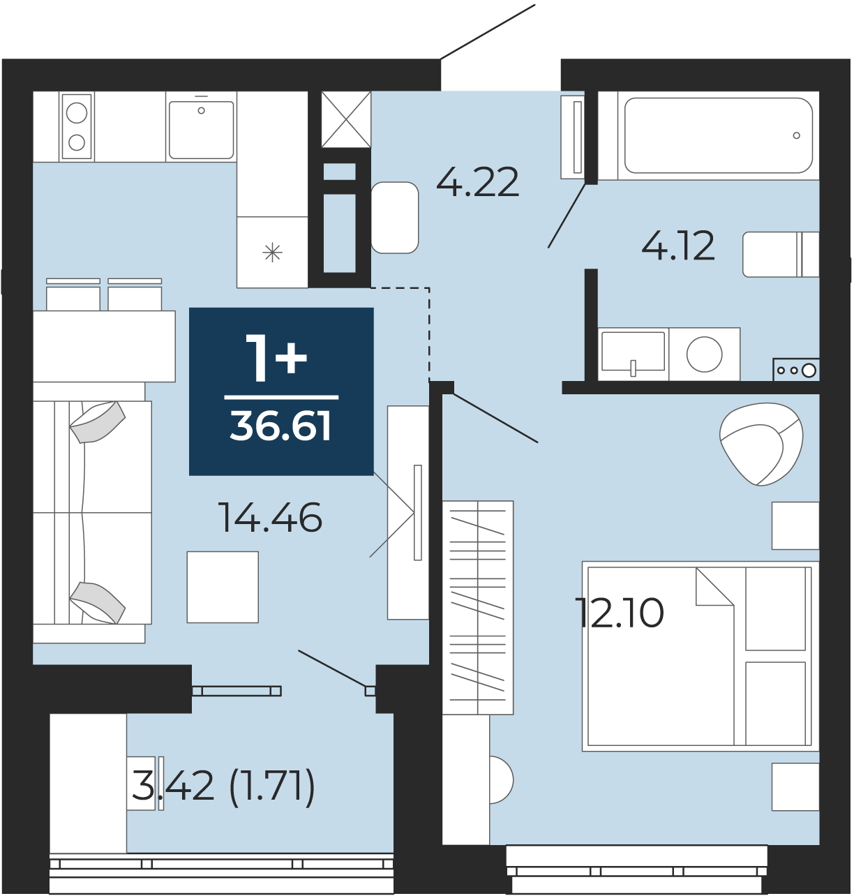 Квартира № 190, 1-комнатная, 36.61 кв. м, 2 этаж