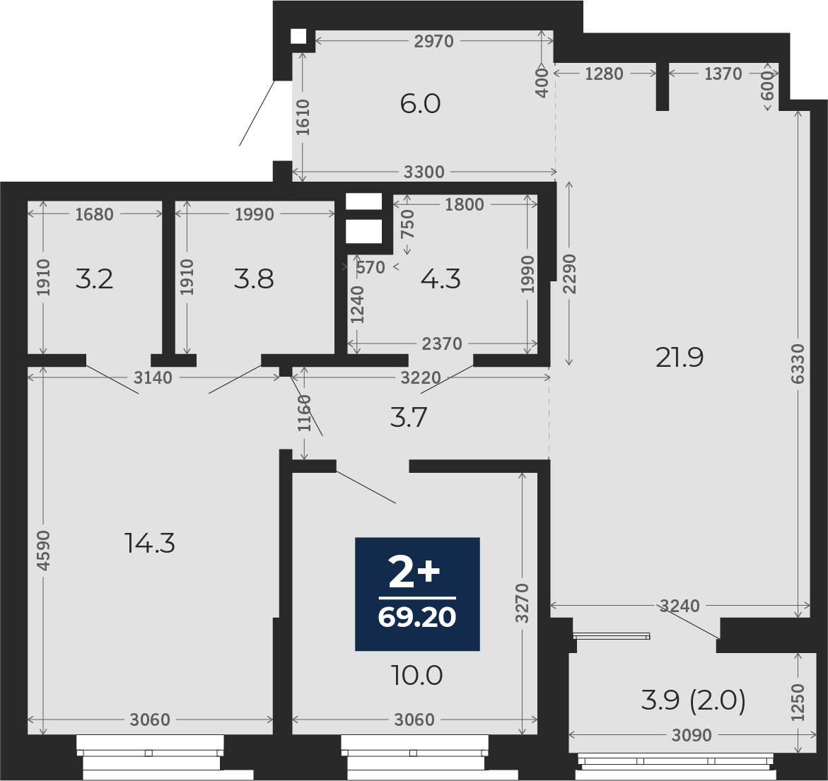 Квартира № 118, 2-комнатная, 69.2 кв. м, 1 этаж