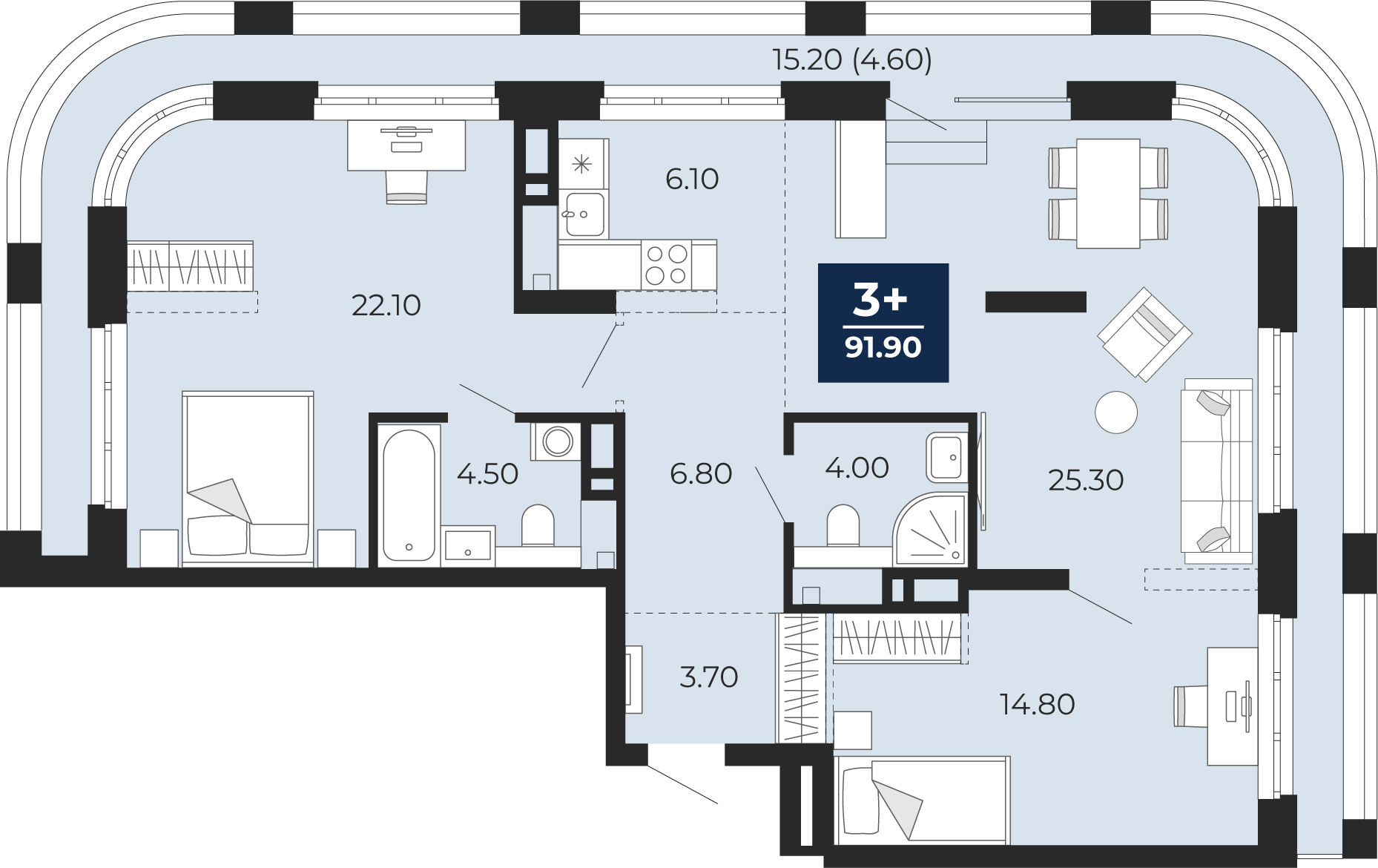 Квартира № 452, 3-комнатная, 92.4 кв. м, 13 этаж