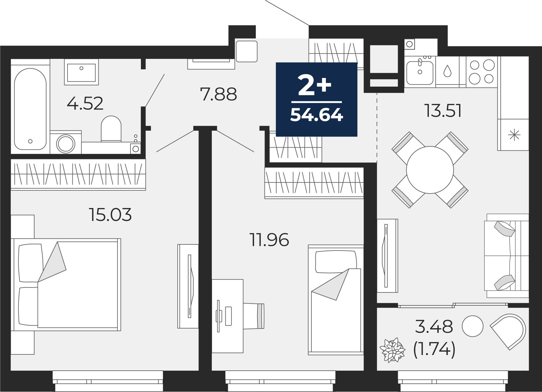 Квартира № 207, 2-комнатная, 54.64 кв. м, 10 этаж