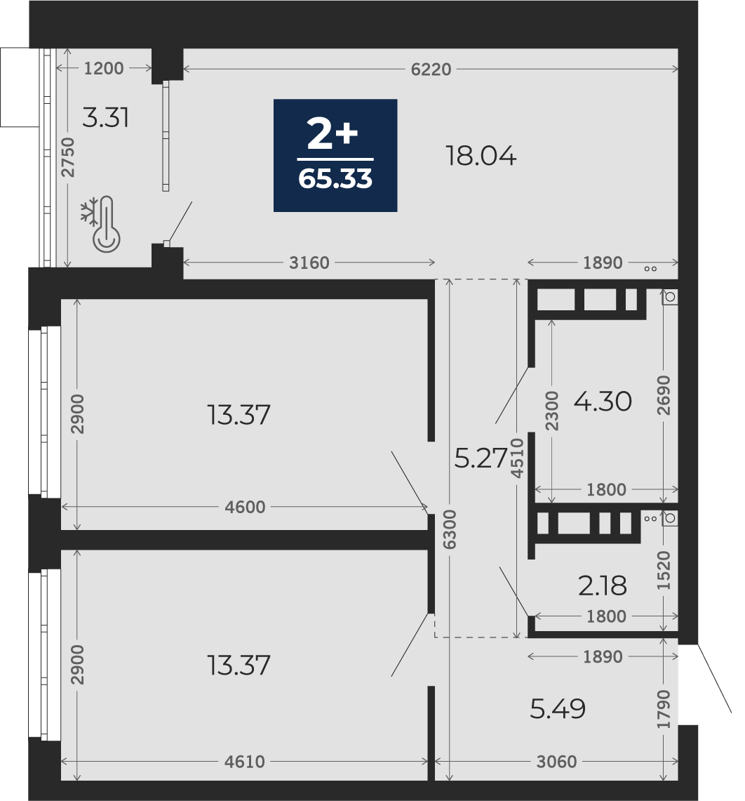 Квартира № 39, 2-комнатная, 63.68 кв. м, 6 этаж