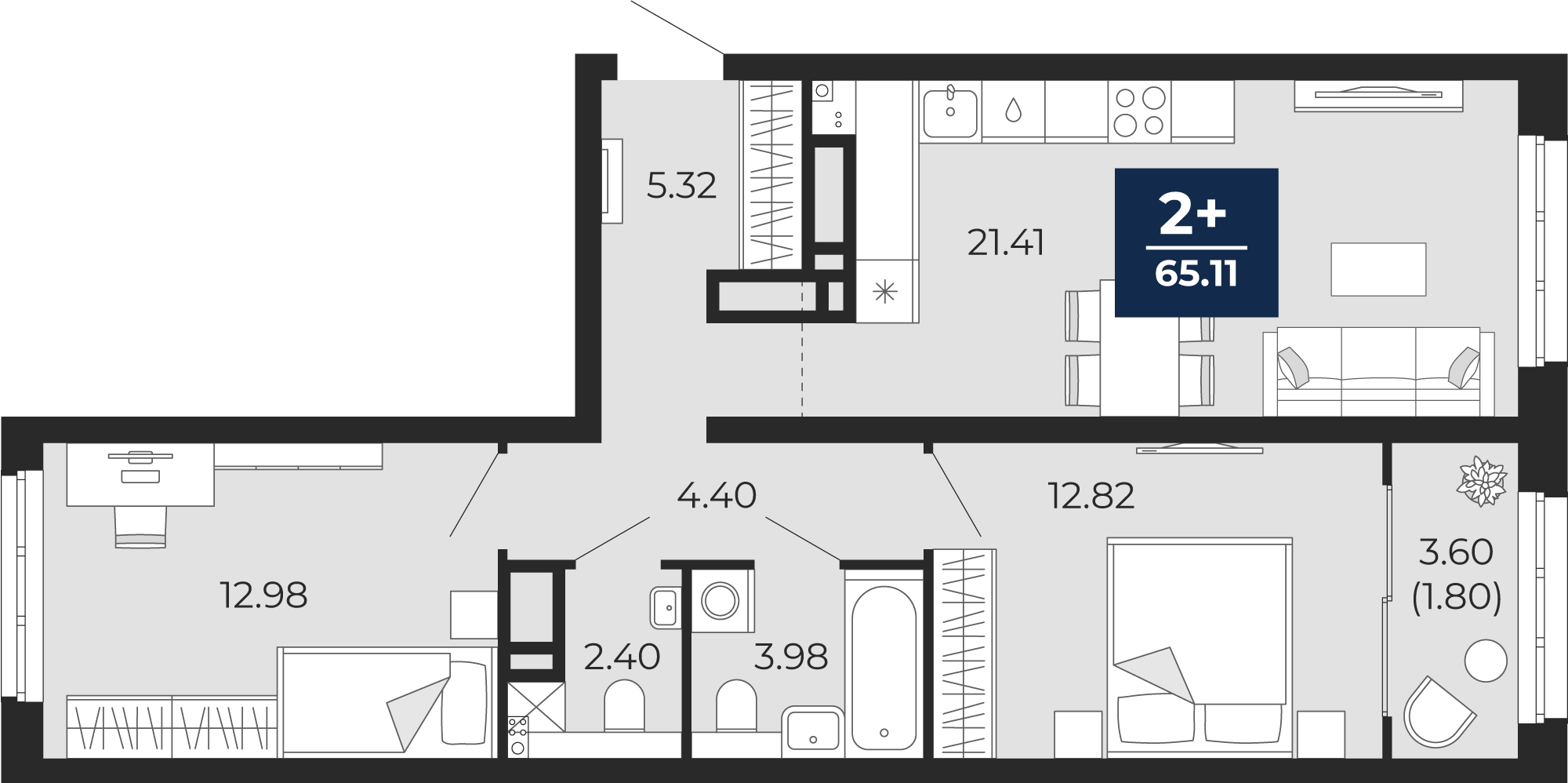 Квартира № 164, 2-комнатная, 65.11 кв. м, 15 этаж