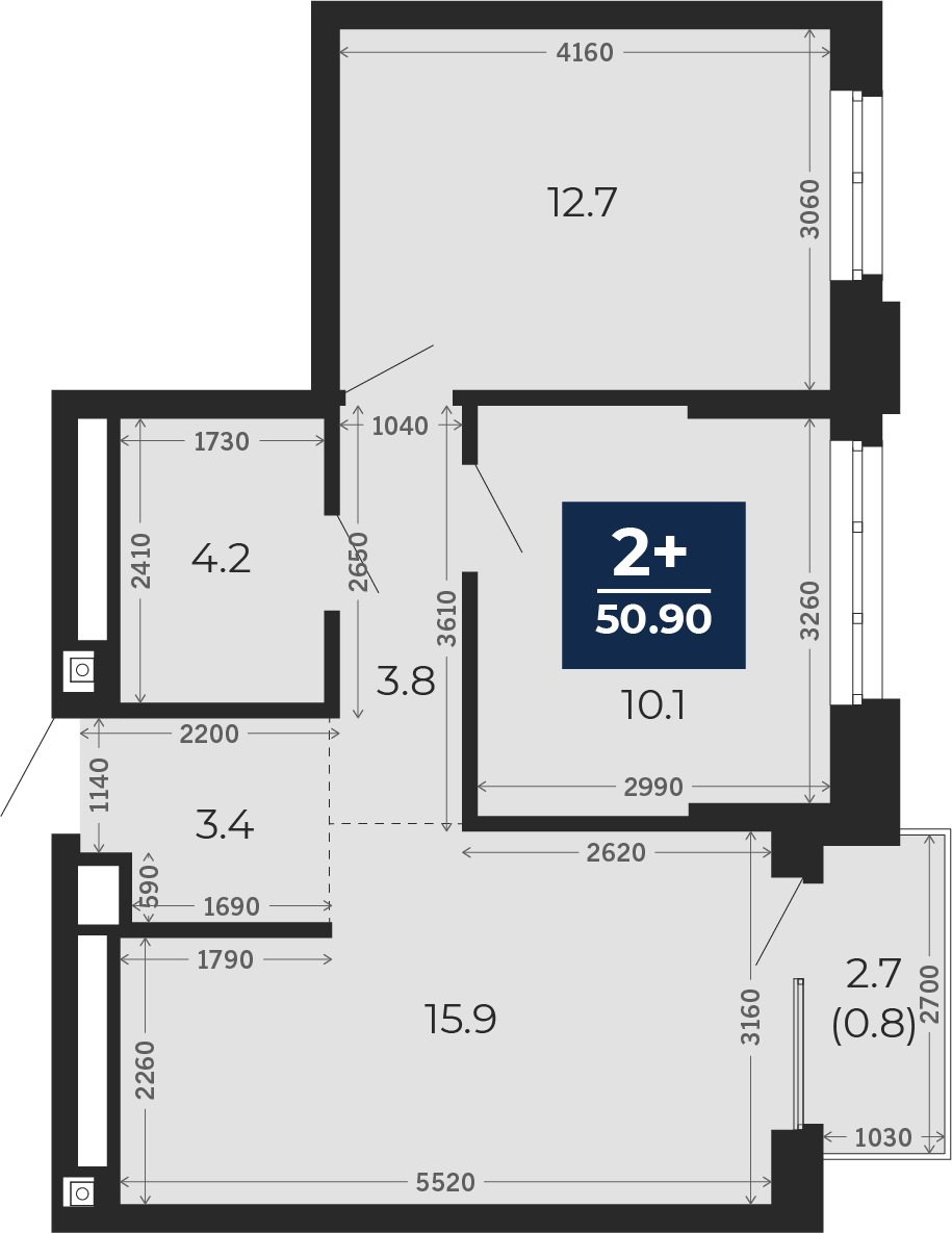 Квартира № 357, 2-комнатная, 50.9 кв. м, 15 этаж