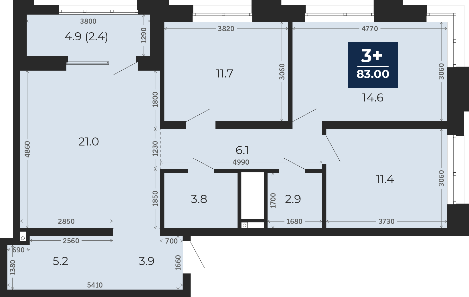 Квартира № 17, 3-комнатная, 83 кв. м, 4 этаж