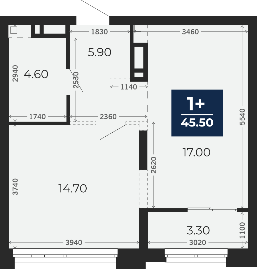Квартира № 363, 1-комнатная, 45.5 кв. м, 3 этаж