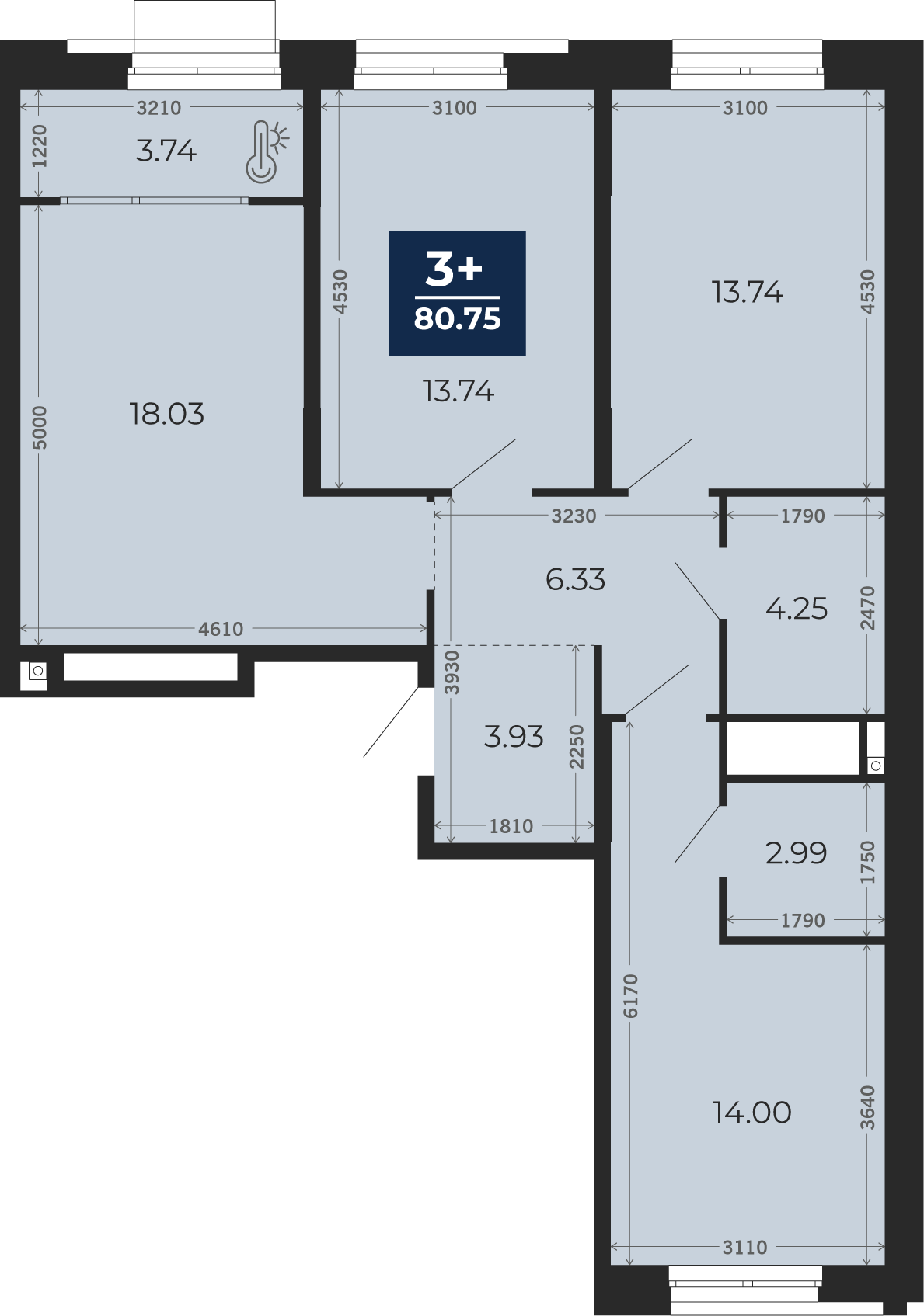 Квартира № 23, 3-комнатная, 80.75 кв. м, 6 этаж
