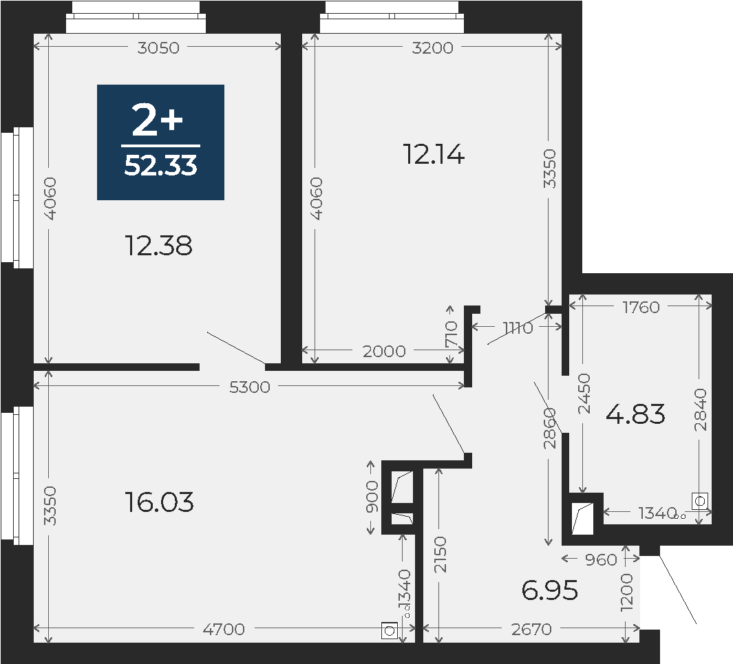 Квартира № 2, 2-комнатная, 52.33 кв. м, 2 этаж
