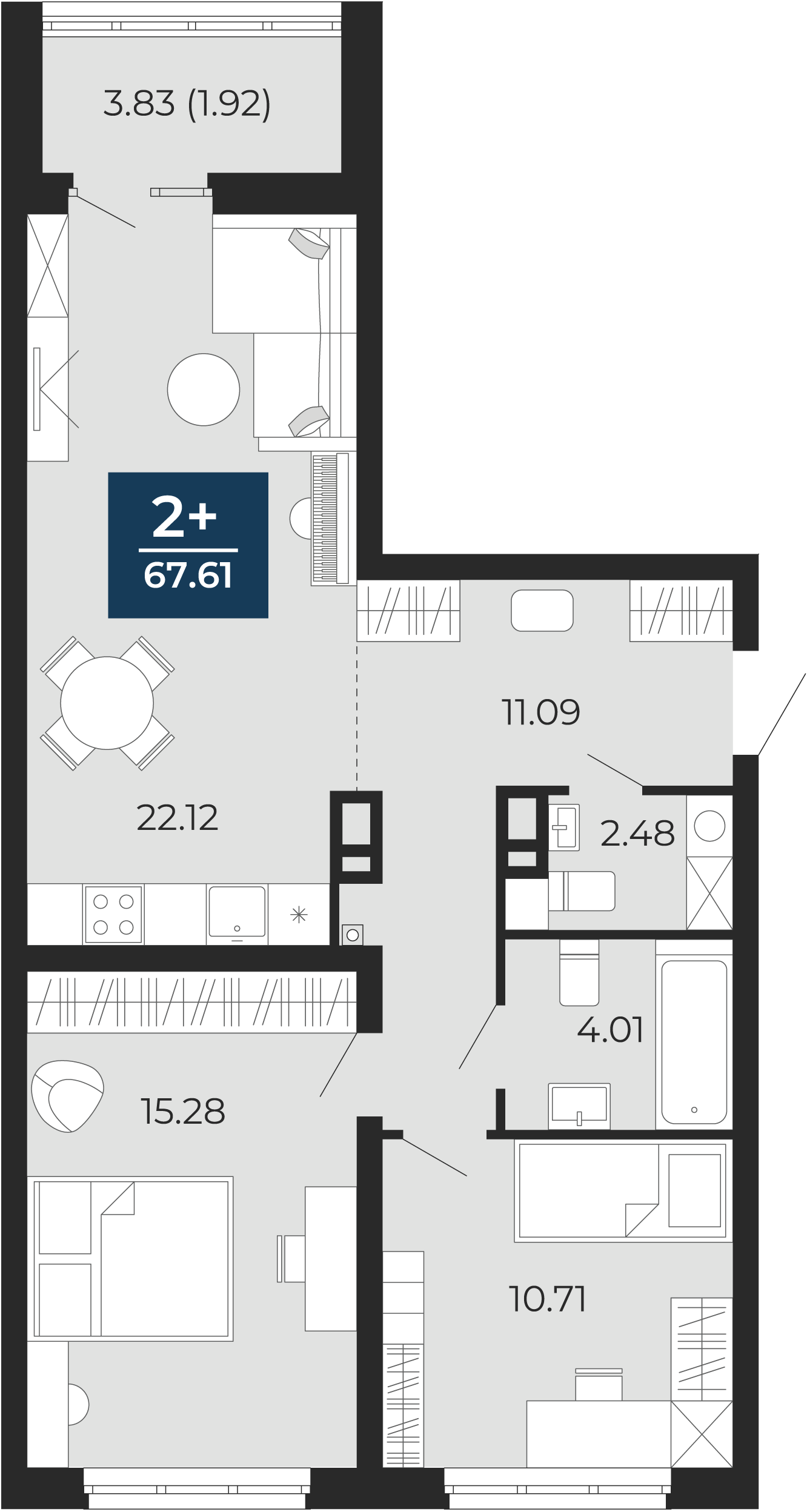 Квартира № 345, 2-комнатная, 67.61 кв. м, 9 этаж