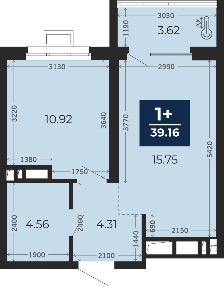 Квартира № 279, 1-комнатная, 39.16 кв. м, 13 этаж