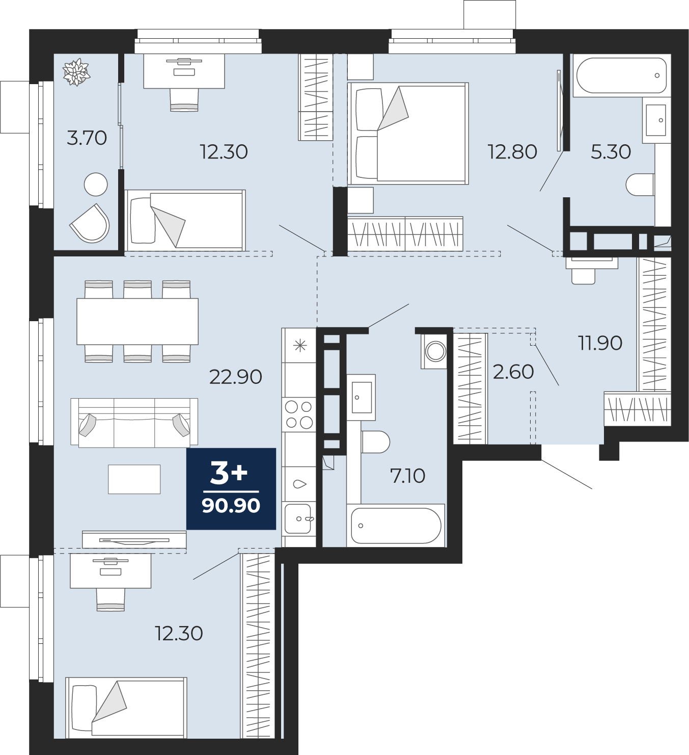 Квартира № 95, 3-комнатная, 90.9 кв. м, 15 этаж