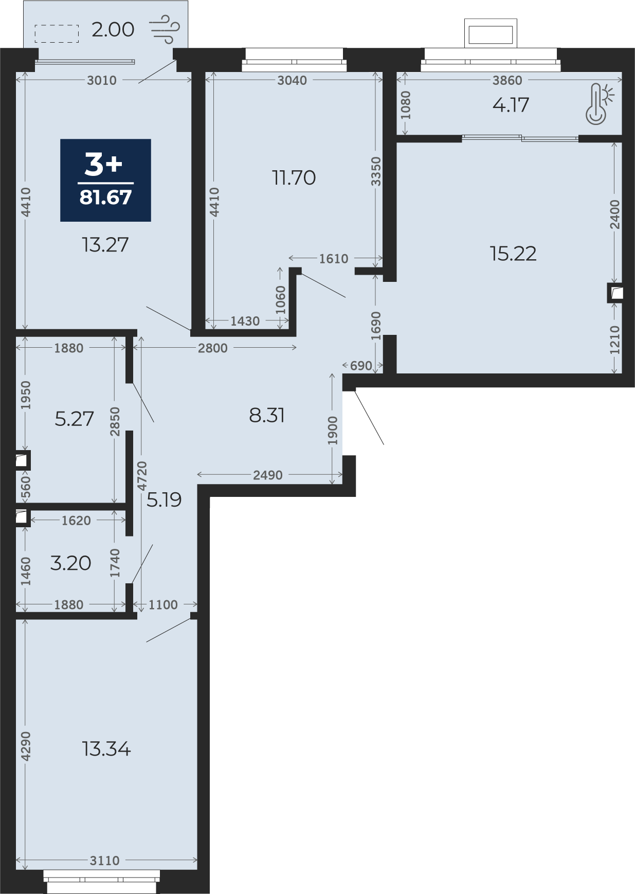 Квартира № 463, 3-комнатная, 80.27 кв. м, 2 этаж
