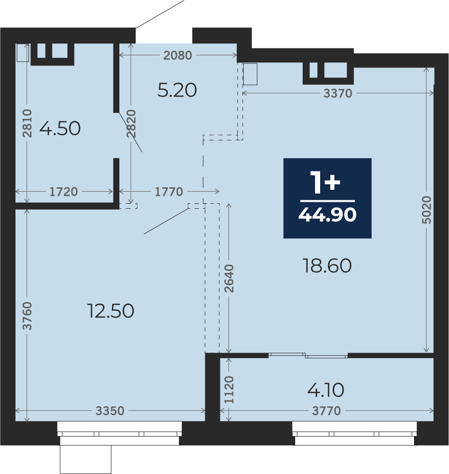 Квартира № 444, 1-комнатная, 44.9 кв. м, 3 этаж