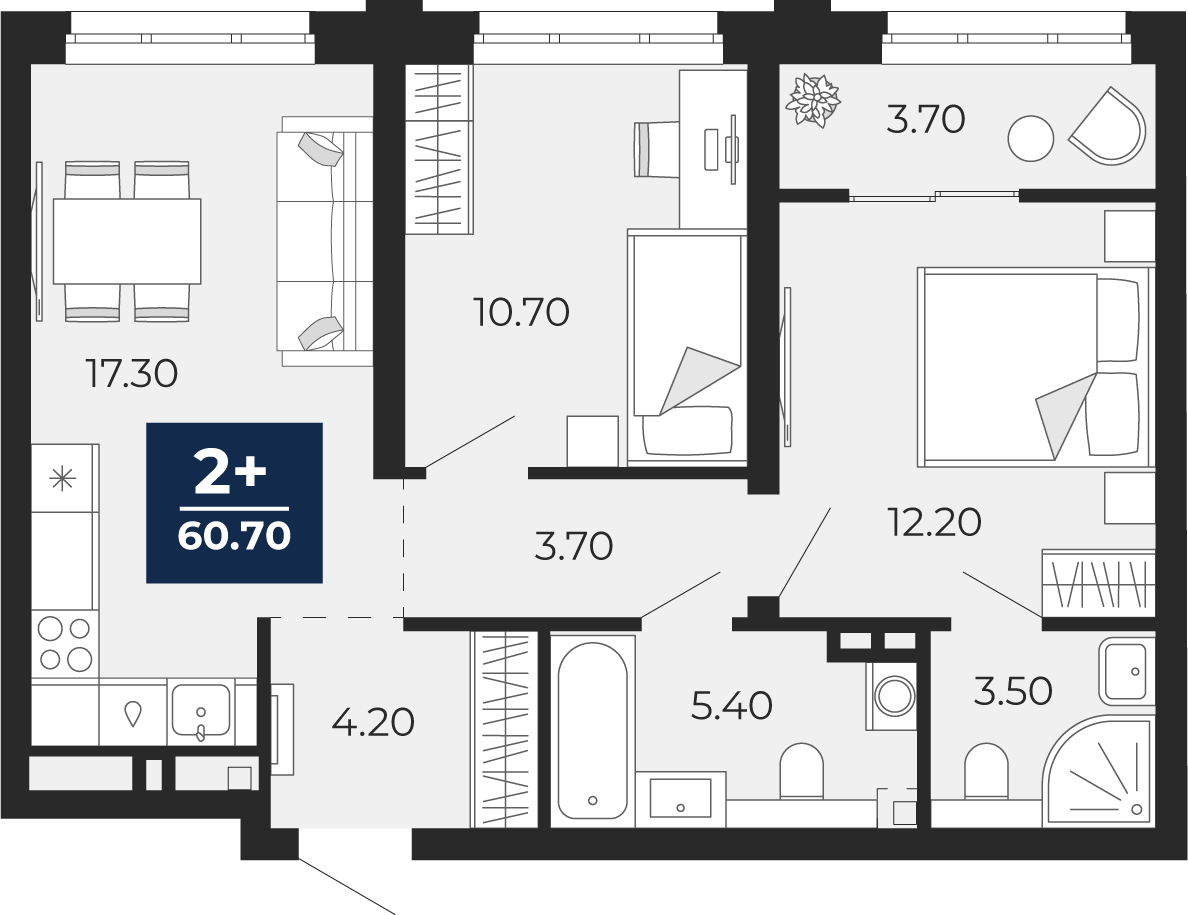 Квартира № 258, 2-комнатная, 60.7 кв. м, 2 этаж