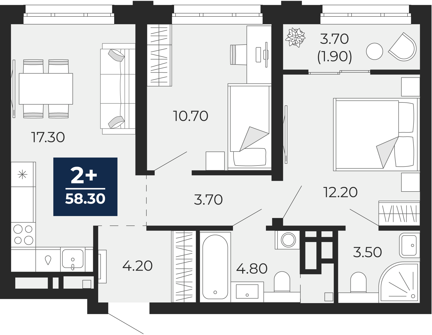 Квартира № 270, 2-комнатная, 58.3 кв. м, 4 этаж