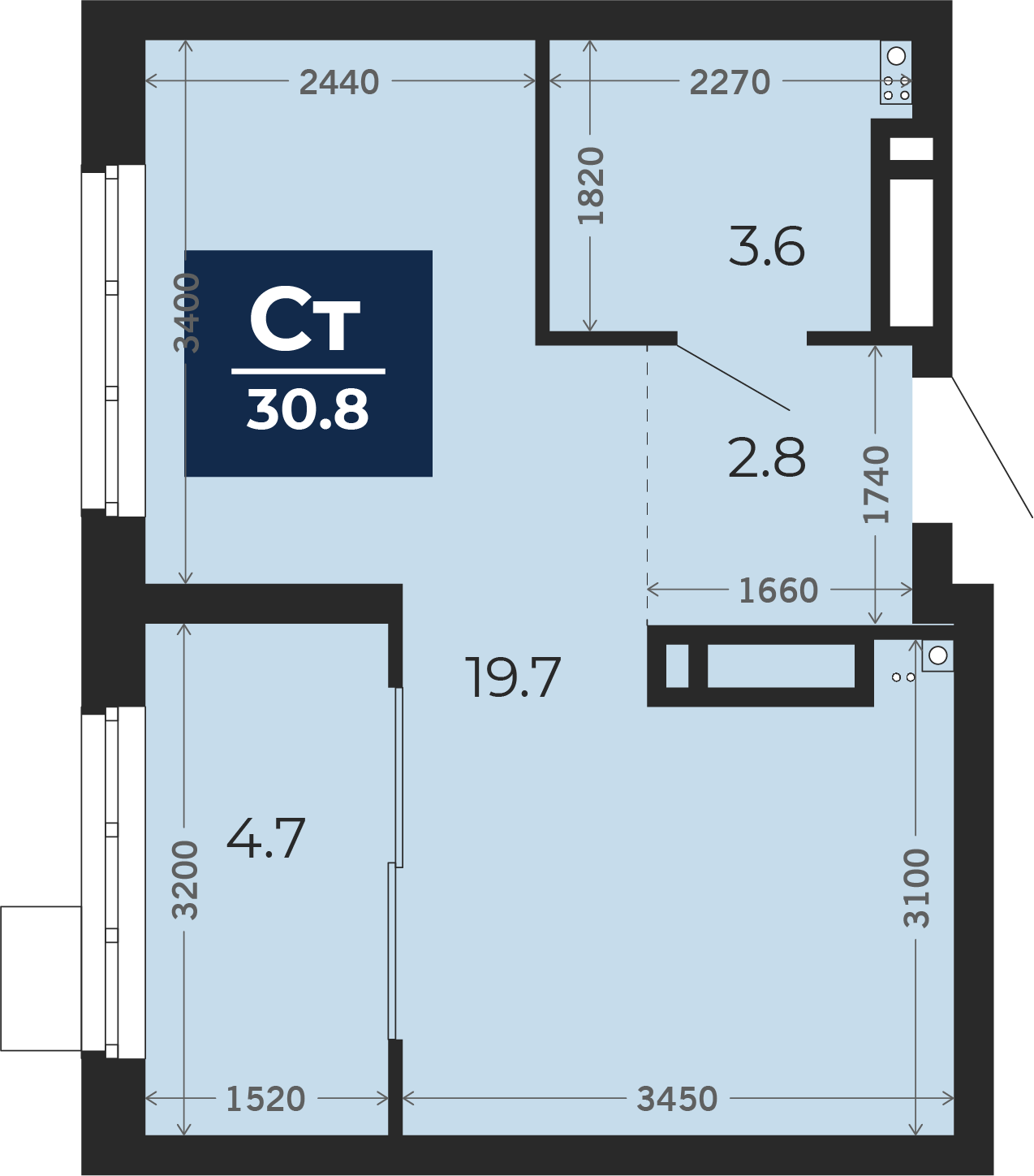 Квартира № 137, Студия, 31.53 кв. м, 11 этаж