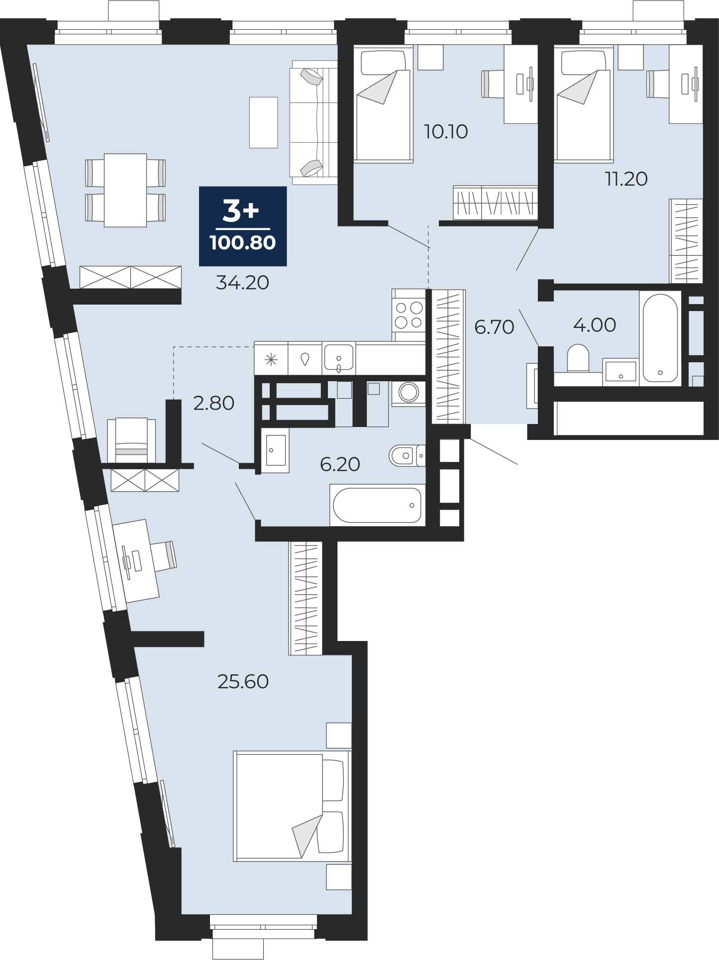 Квартира № 212, 3-комнатная, 100.8 кв. м, 13 этаж