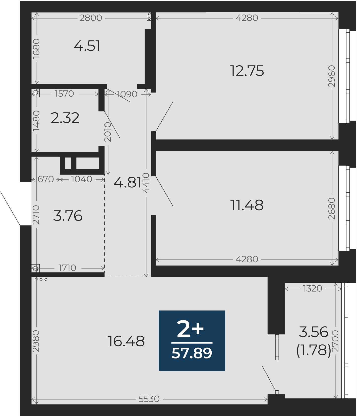 Квартира № 271, 2-комнатная, 57.89 кв. м, 2 этаж
