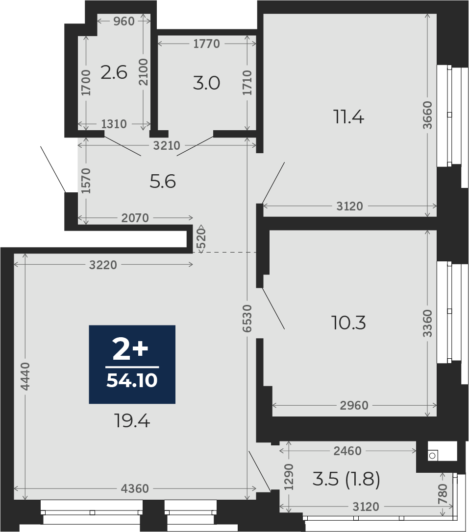 Квартира № 446, 2-комнатная, 54.1 кв. м, 11 этаж