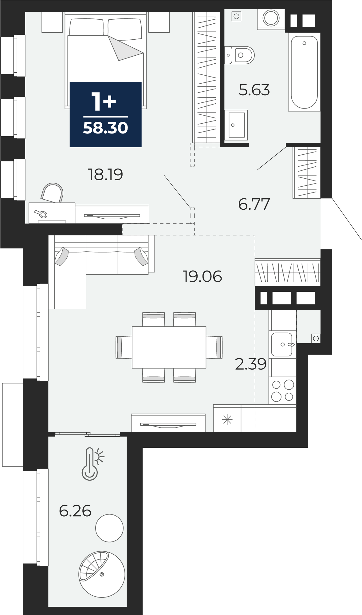 Квартира № 457, 2-комнатная, 58.3 кв. м, 2 этаж