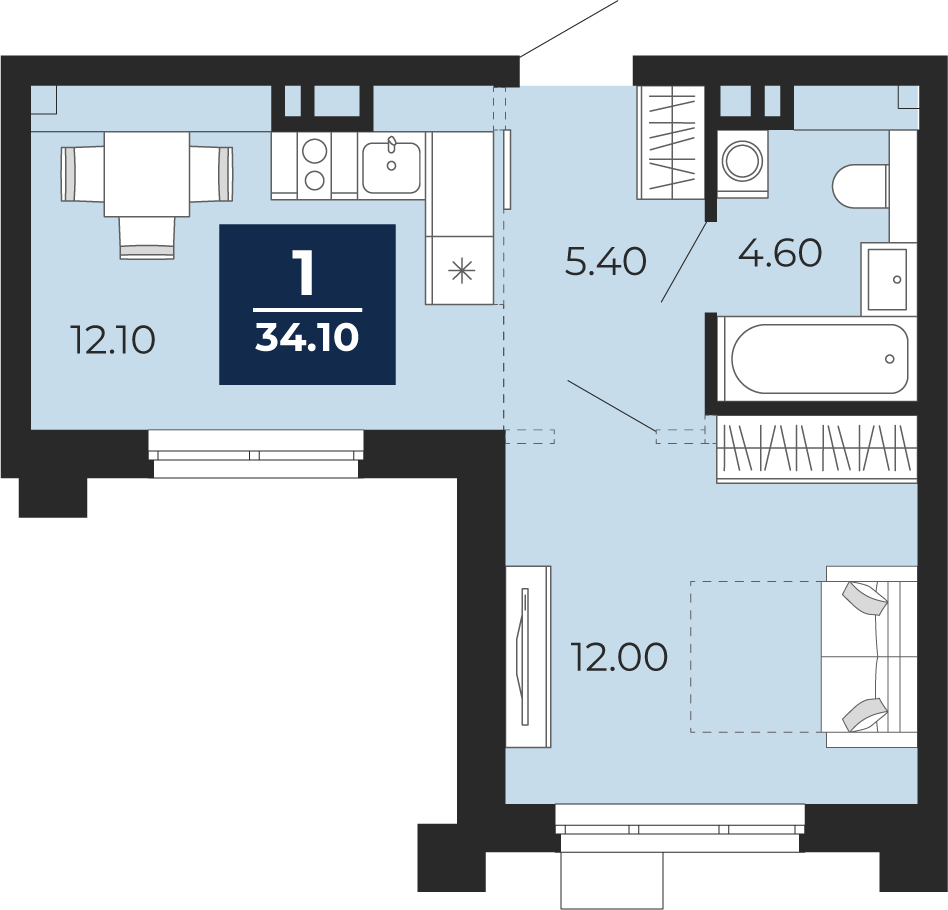 Планировка: 1-комнатная 34.1 м² в ЖК Айвазовский, 5-й Заречный