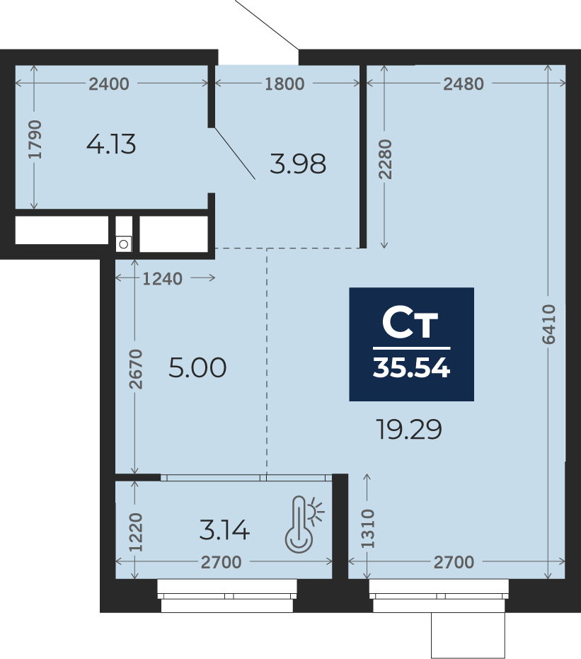 Квартира № 131, Студия, 35.54 кв. м, 15 этаж
