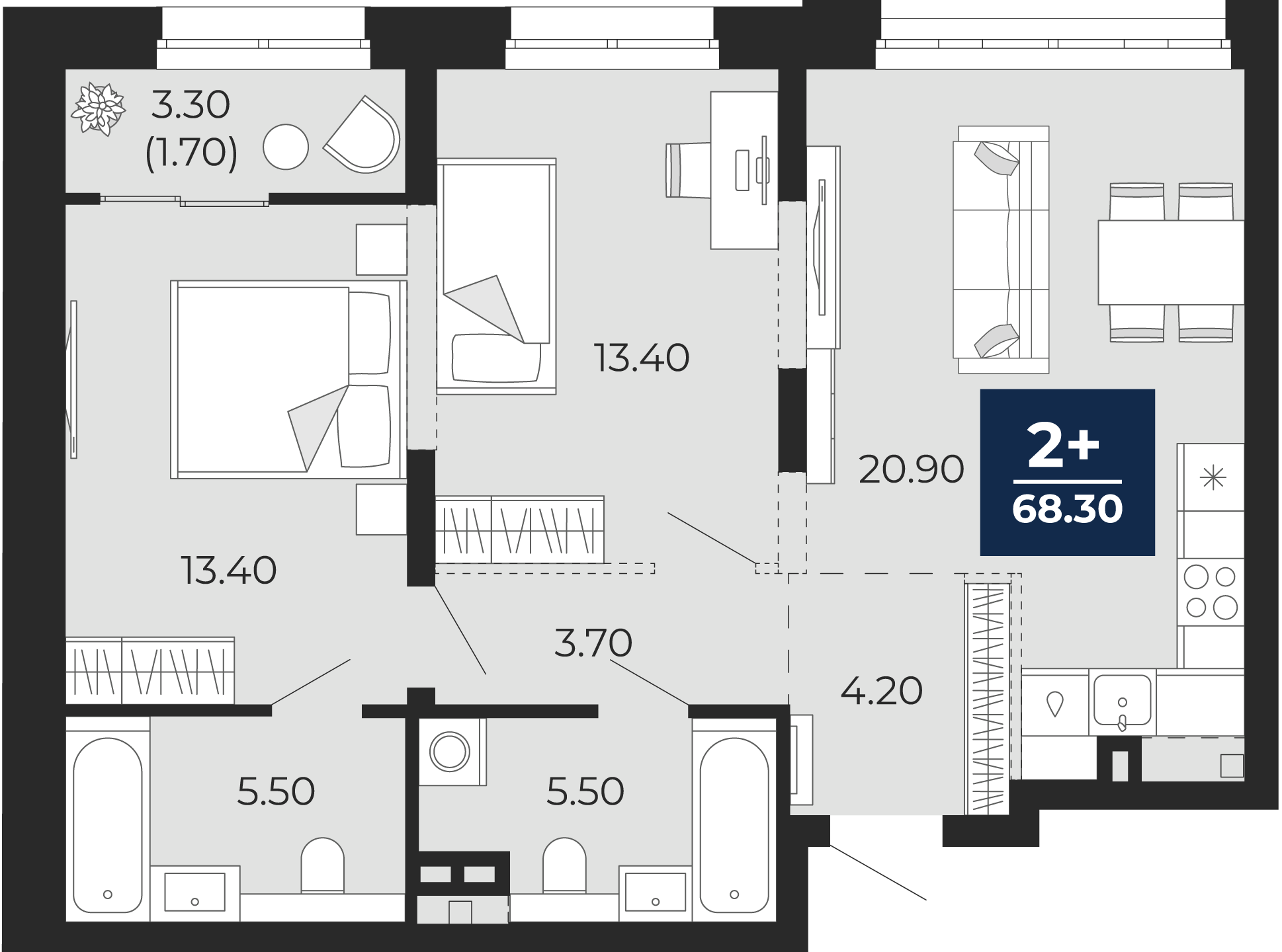 Квартира № 361, 2-комнатная, 68.3 кв. м, 2 этаж