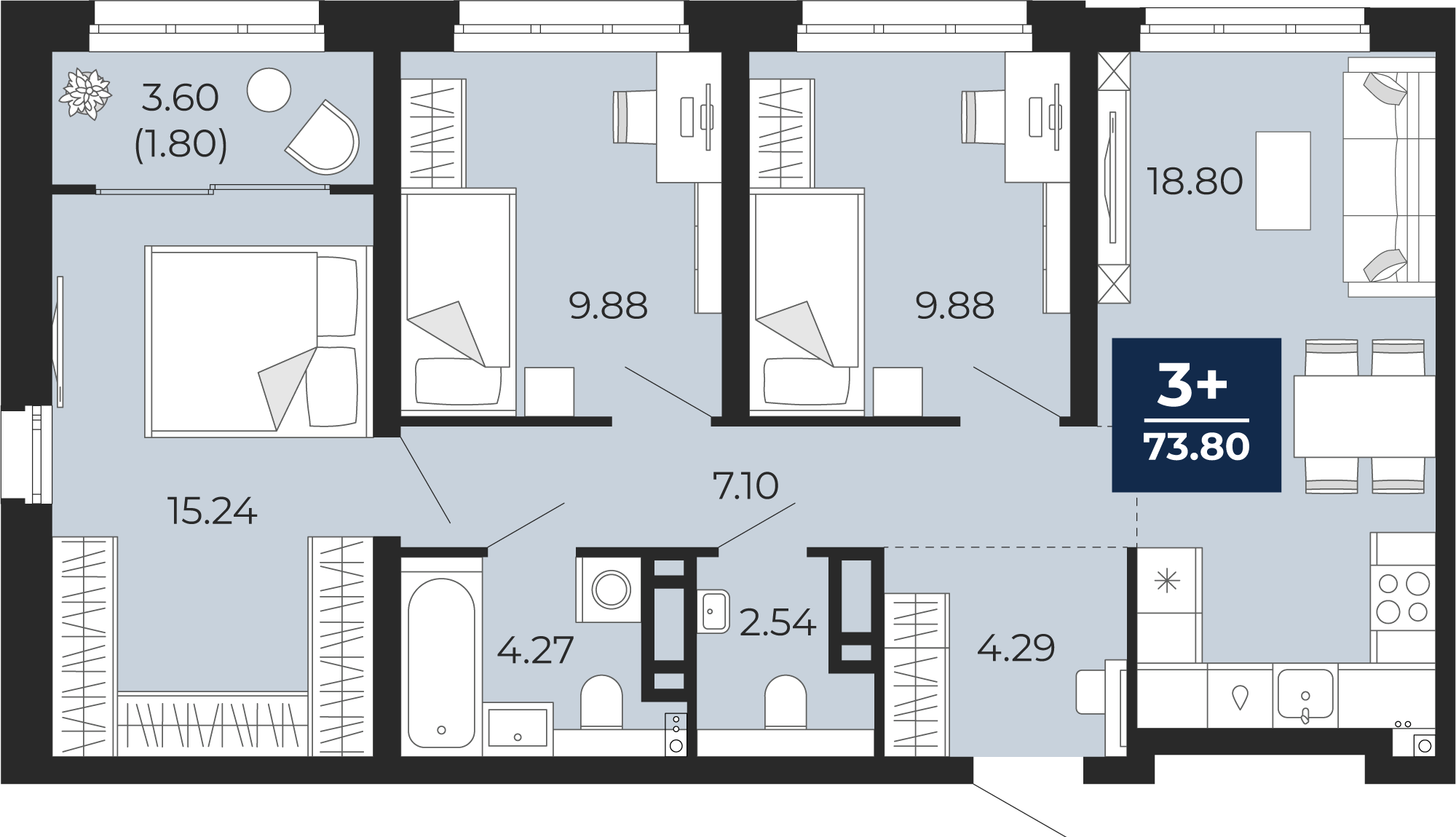 Квартира № 570, 3-комнатная, 73.8 кв. м, 5 этаж
