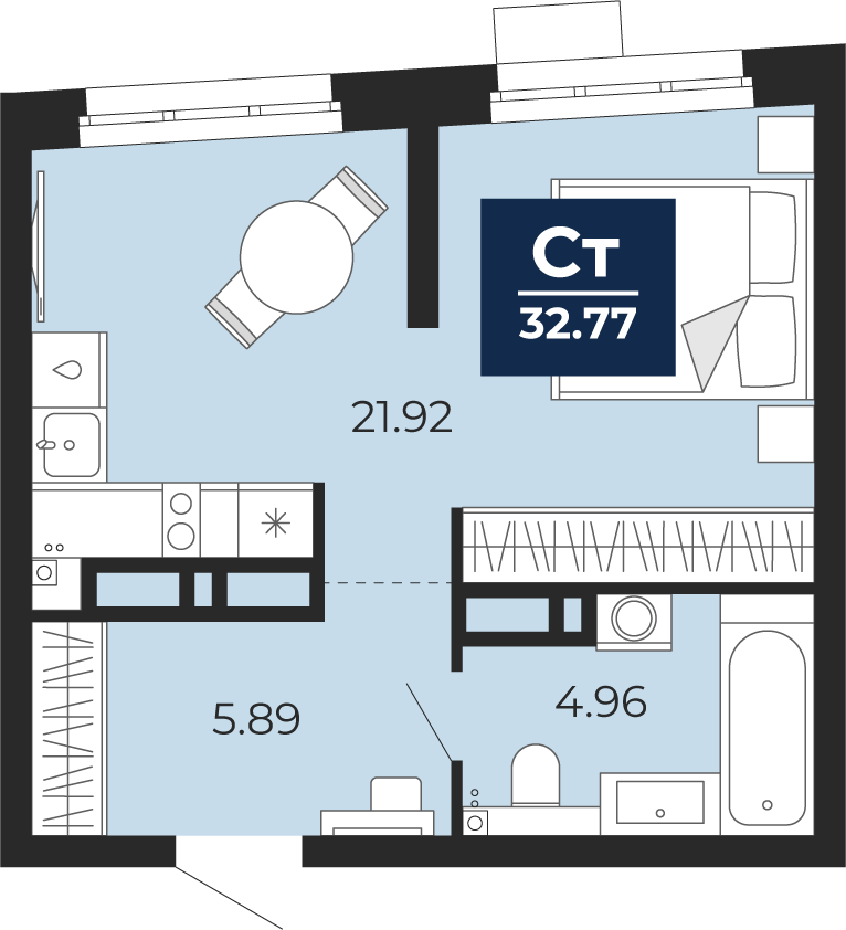 Квартира № 15, Студия, 32.77 кв. м, 3 этаж