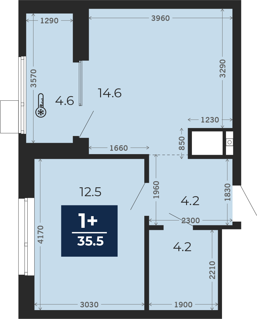 Квартира № 47, 1-комнатная, 40.7 кв. м, 7 этаж
