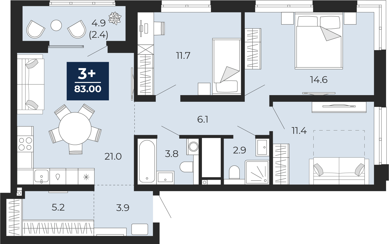 Квартира № 33, 3-комнатная, 83 кв. м, 6 этаж