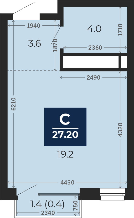 Квартира № 175, Студия, 27.2 кв. м, 13 этаж