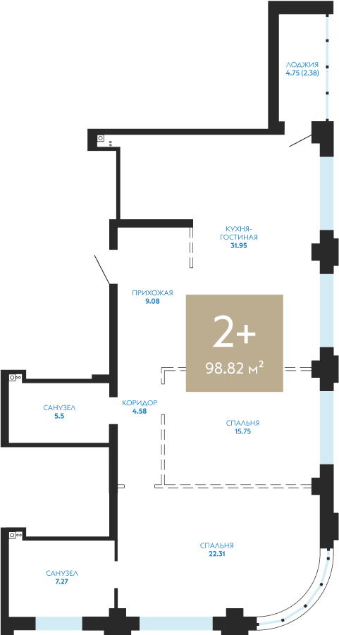 Квартира № 4, 2-комнатная, 98.82 кв. м, 2 этаж