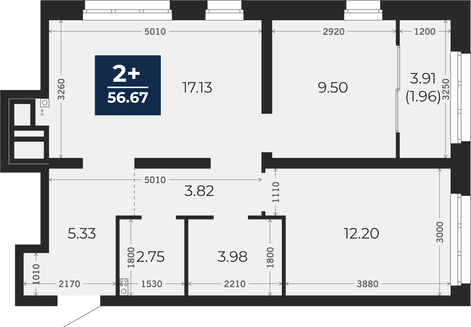 Квартира № 70, 2-комнатная, 56.67 кв. м, 2 этаж