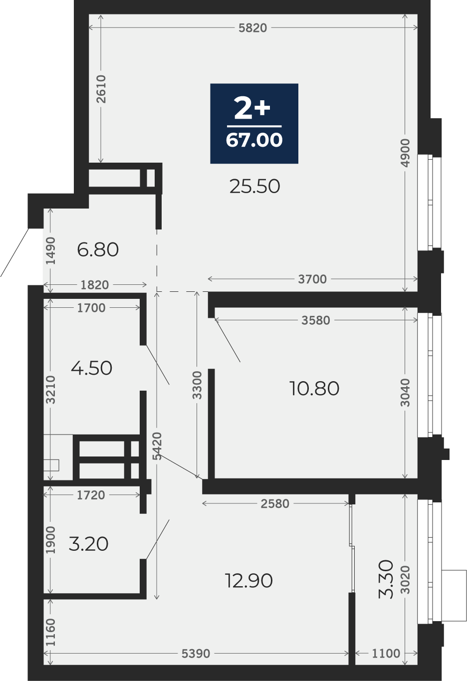 Квартира № 236, 2-комнатная, 67 кв. м, 22 этаж