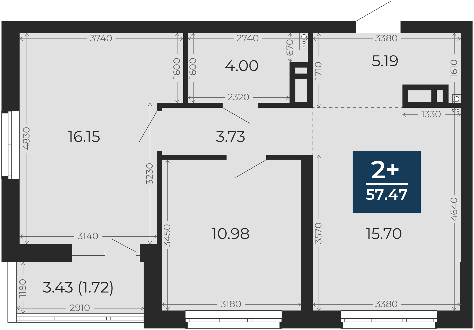 Квартира № 89, 2-комнатная, 57.47 кв. м, 12 этаж