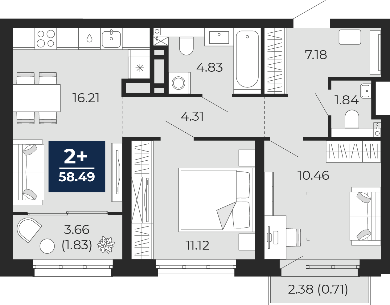 Квартира № 372, 2-комнатная, 58.49 кв. м, 5 этаж
