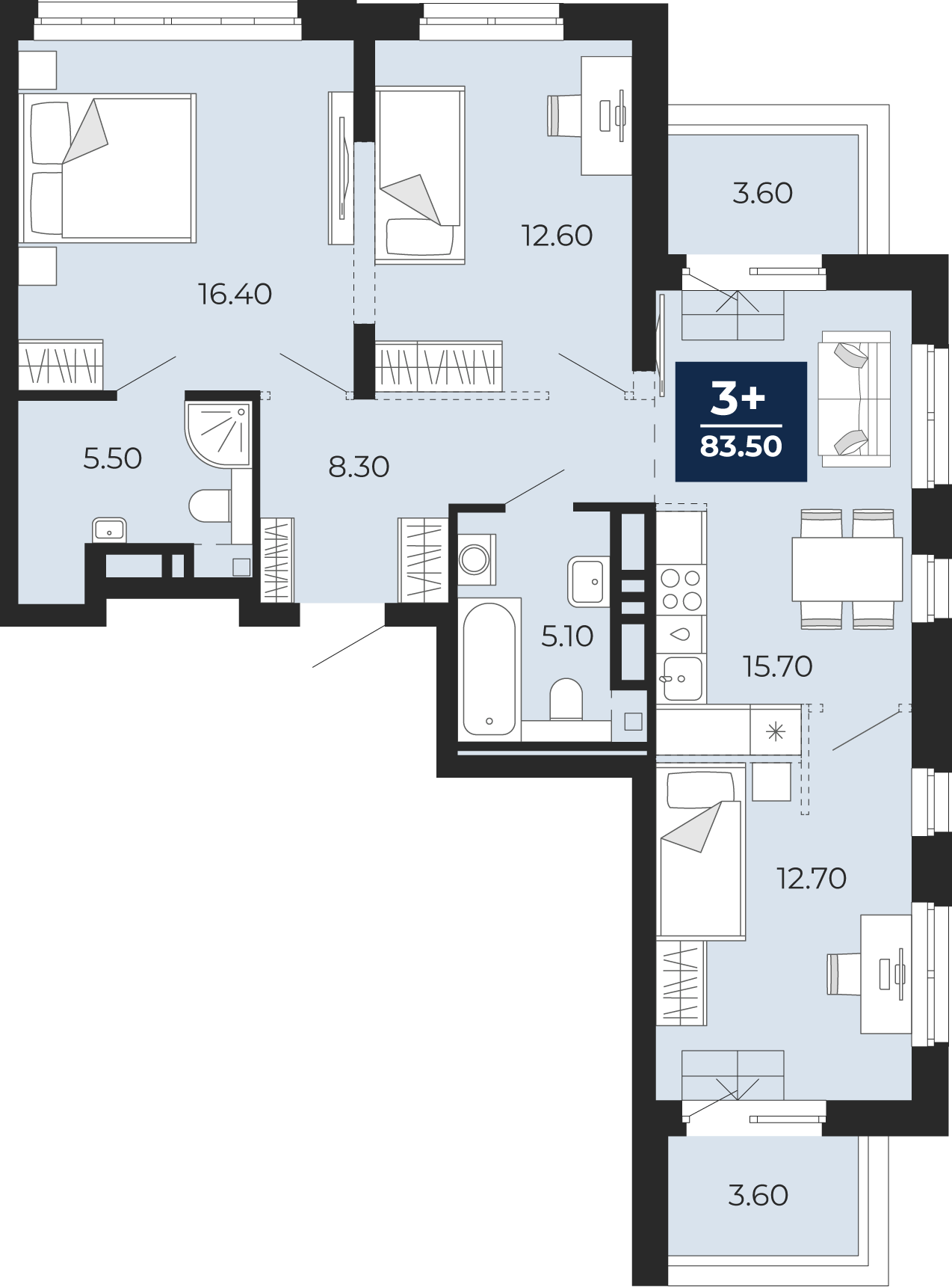 Квартира № 417, 3-комнатная, 83.5 кв. м, 14 этаж