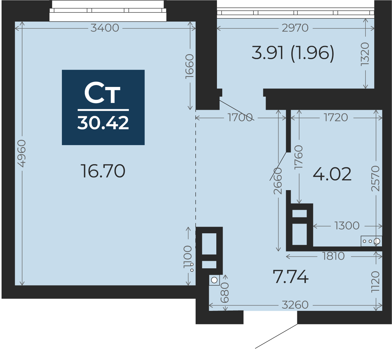 Квартира № 339, Студия, 30.42 кв. м, 8 этаж