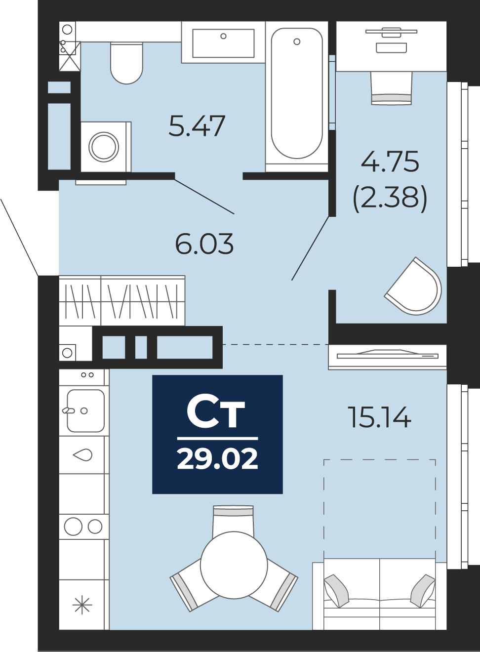 Квартира № 319, Студия, 29.02 кв. м, 4 этаж