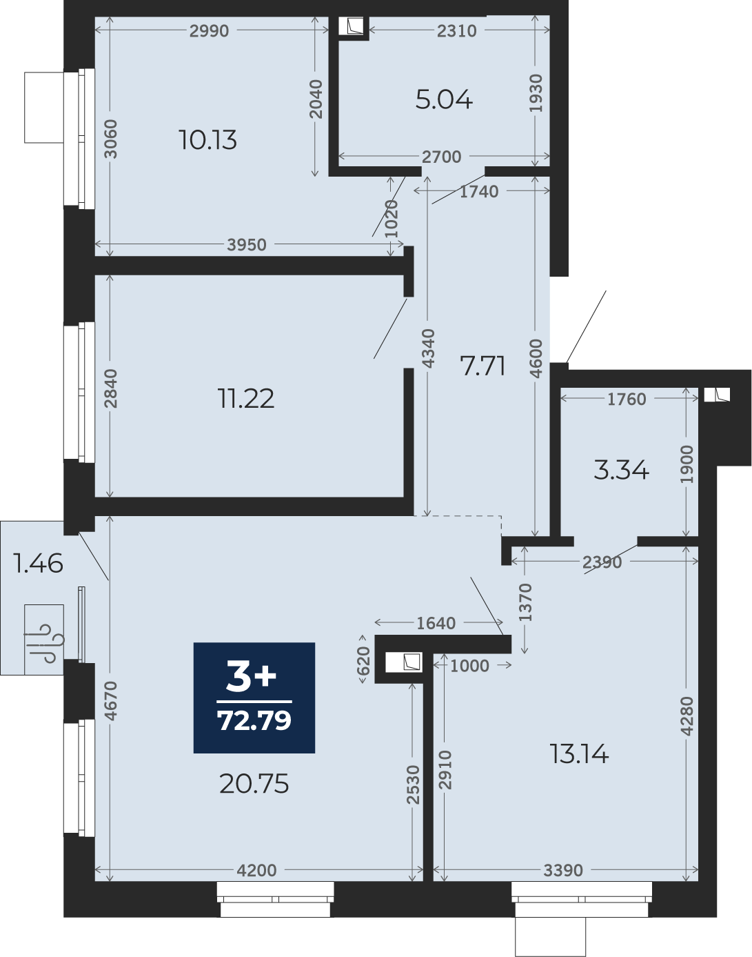 Квартира № 4, 3-комнатная, 71.77 кв. м, 2 этаж