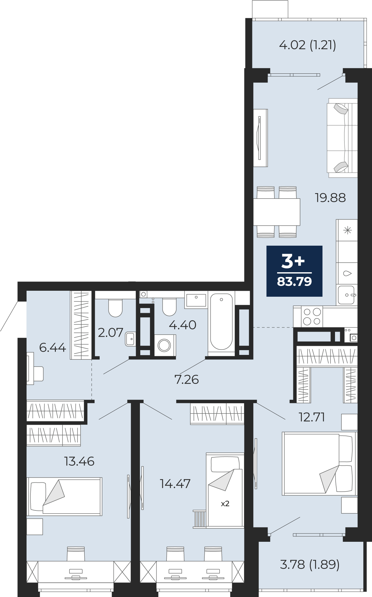 Квартира № 275, 3-комнатная, 83.79 кв. м, 17 этаж, проект «Прео», корпус ГП-72.206 по цене 9 580 000 ₽ от застройщика «ЭНКО»