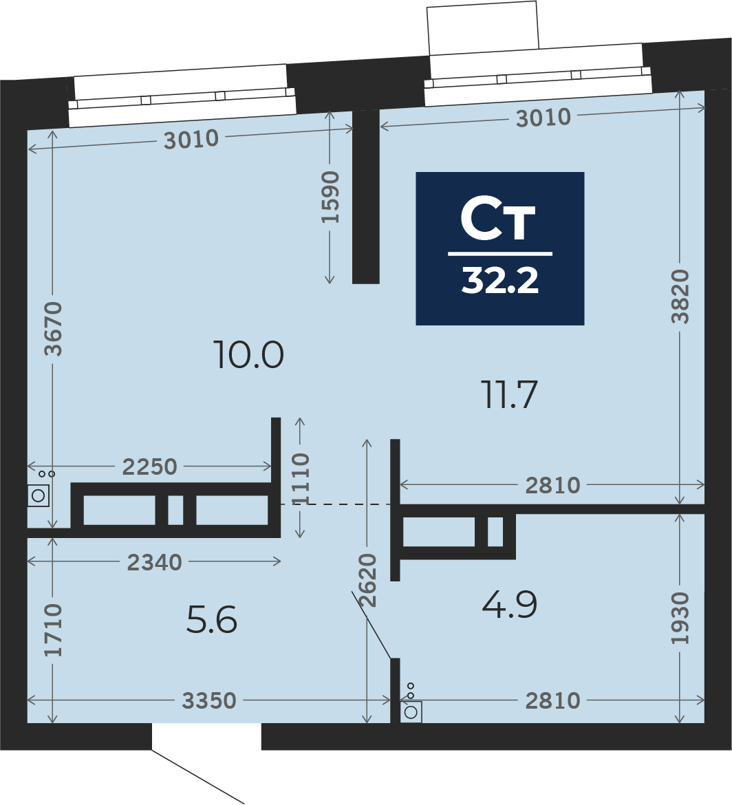 Квартира № 95, Студия, 32.77 кв. м, 13 этаж
