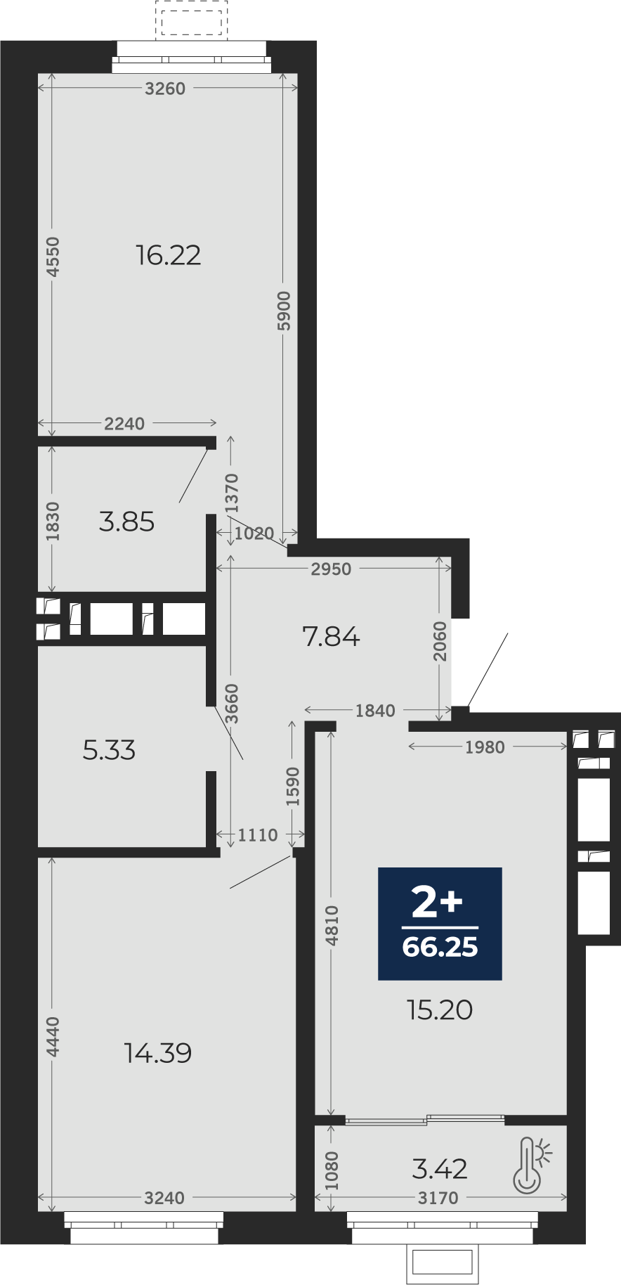 Квартира № 886, 2-комнатная, 66.25 кв. м, 2 этаж
