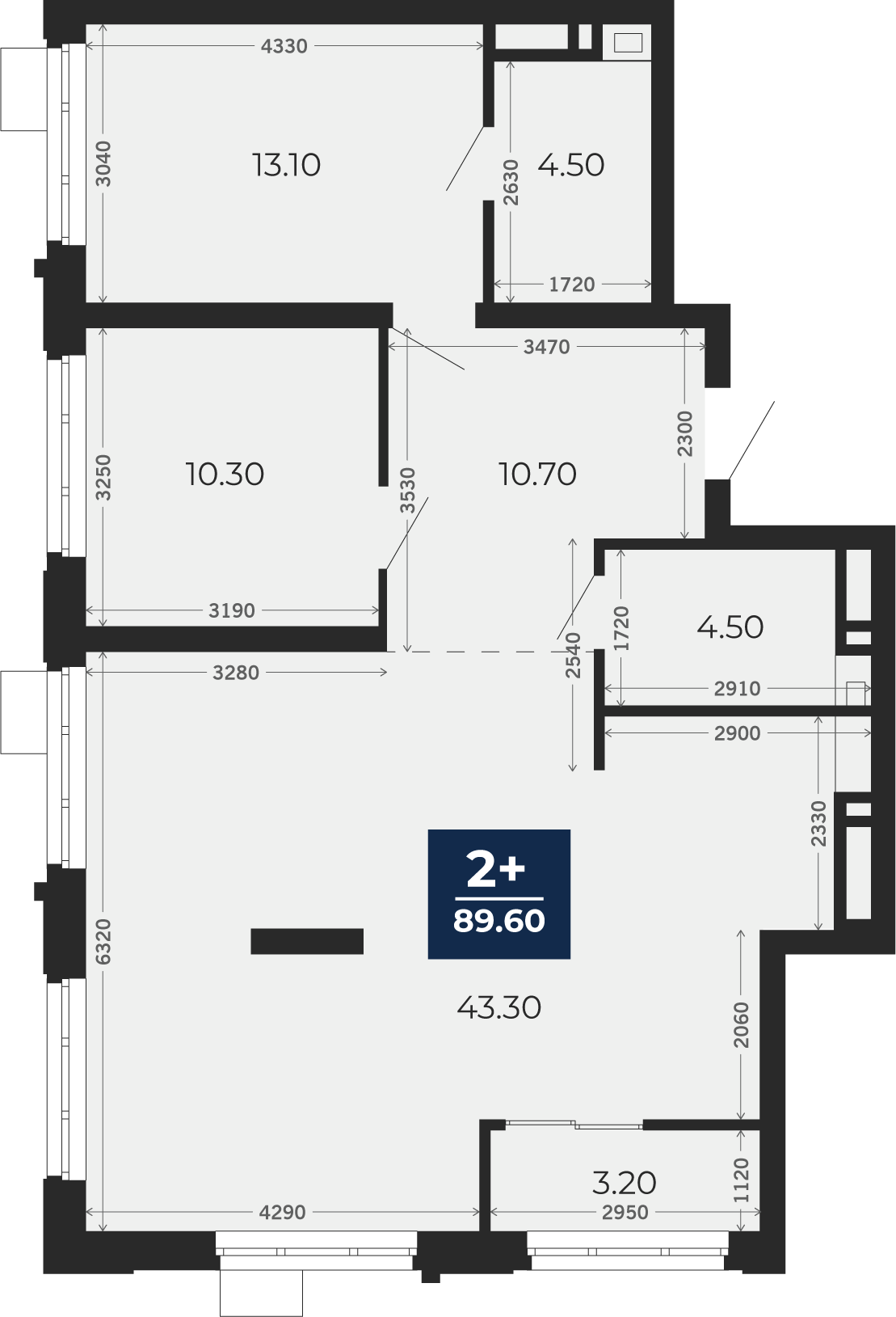 Квартира № 132, 2-комнатная, 89.6 кв. м, 7 этаж