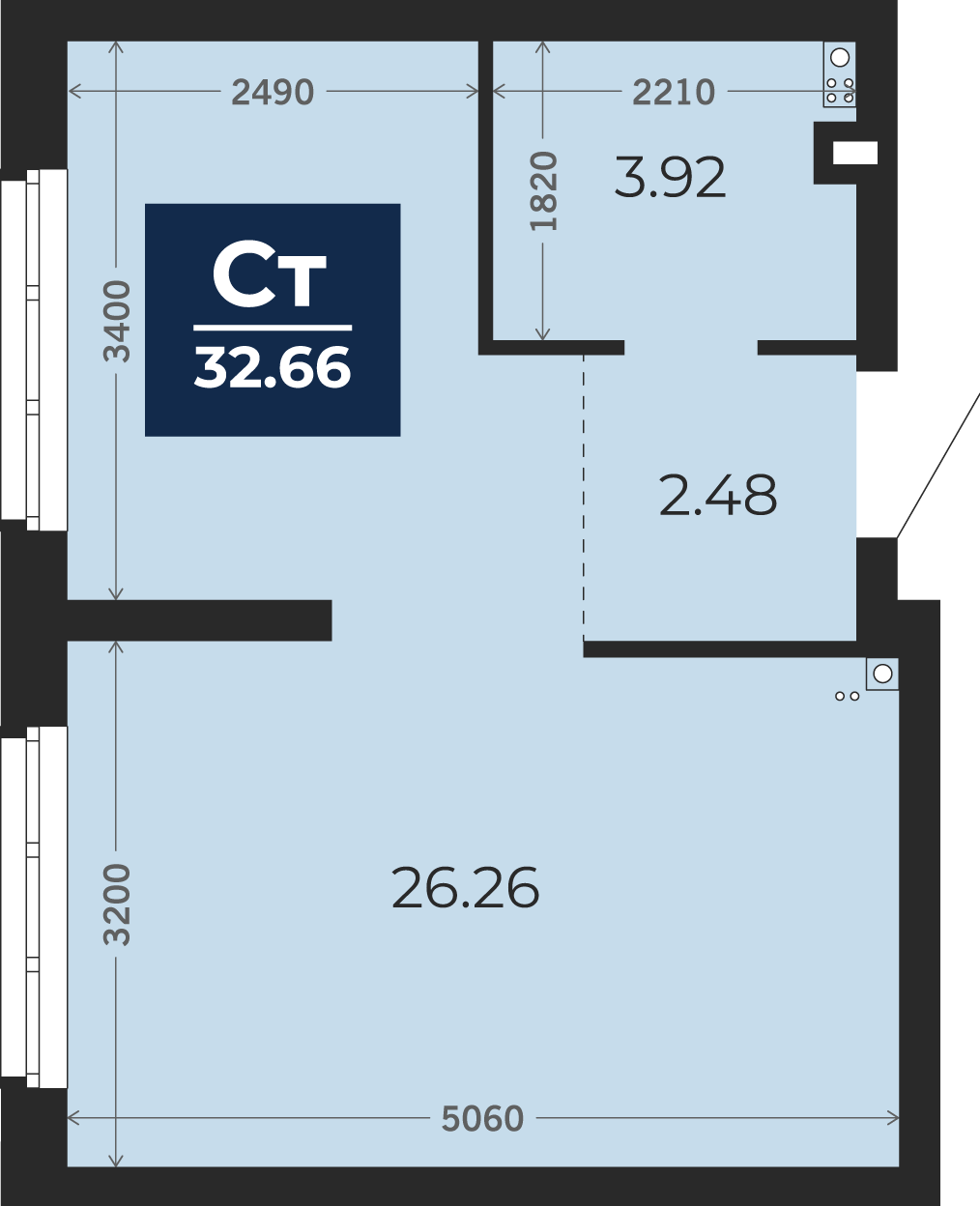 Квартира № 68, Студия, 32.66 кв. м, 1 этаж