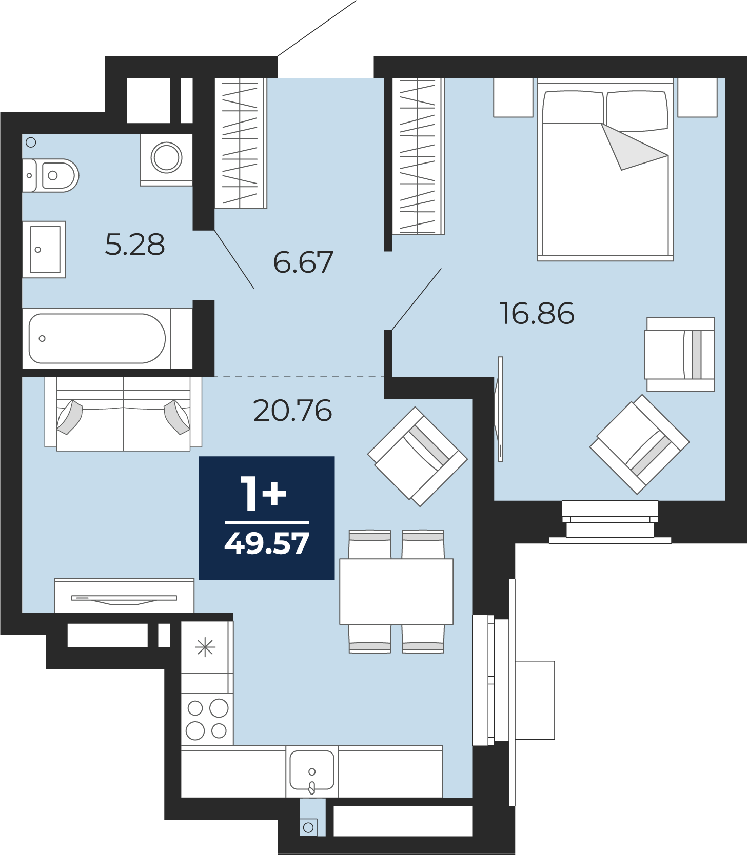 Планировка: Евродвушка 49.6 м² в ЖК Айвазовский, 5-й Заречный