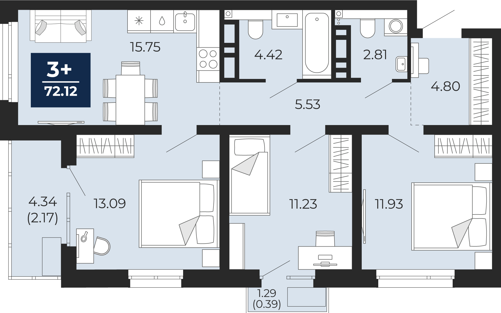 Планировка: 4-комнатная евро 75.2 м² в ЖК Прео, Тюменская слобода